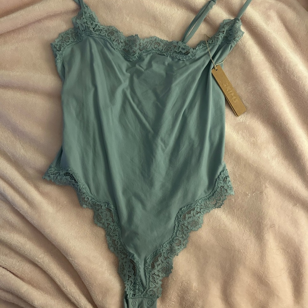 SKIMS Teal Lace Trim Bodysuit